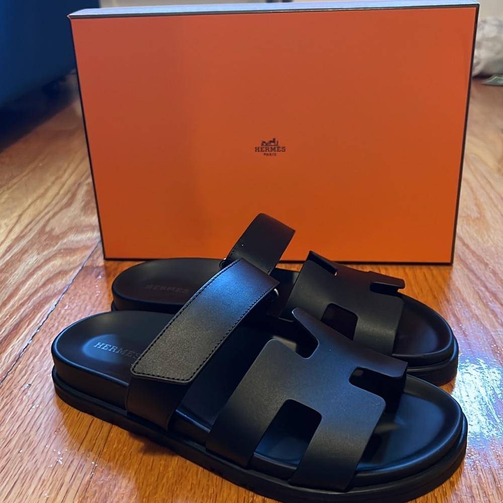 Hermes Women Black Chypre Calfskin Sandals size 37.5 / 7.5